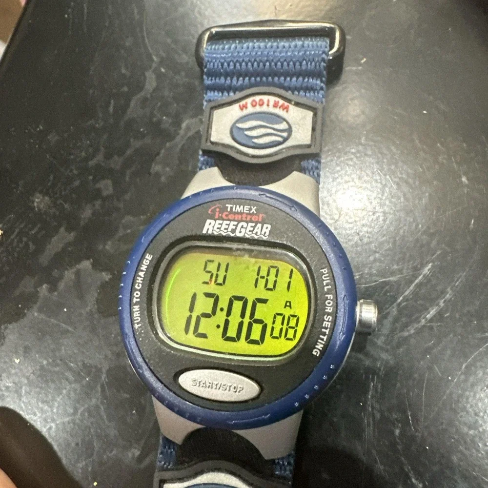 Works Timex Reefgear‎ Men Digital Watch Blue Plastic Nylon Chron Alarm Date 100m